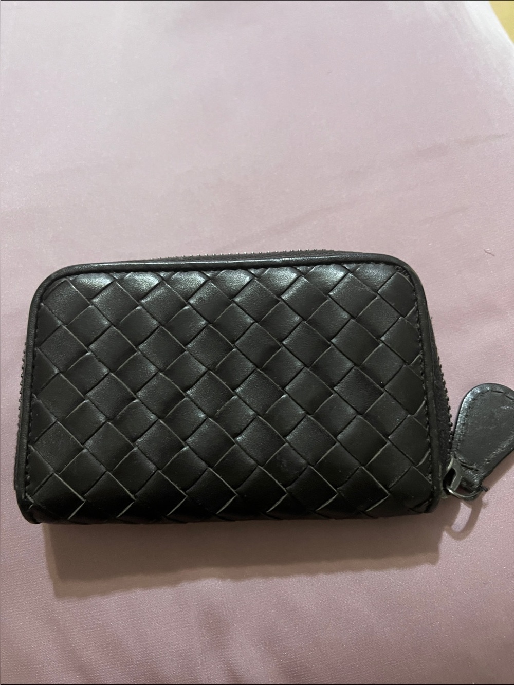 Woven Leather Zip Card Wallet - Black
